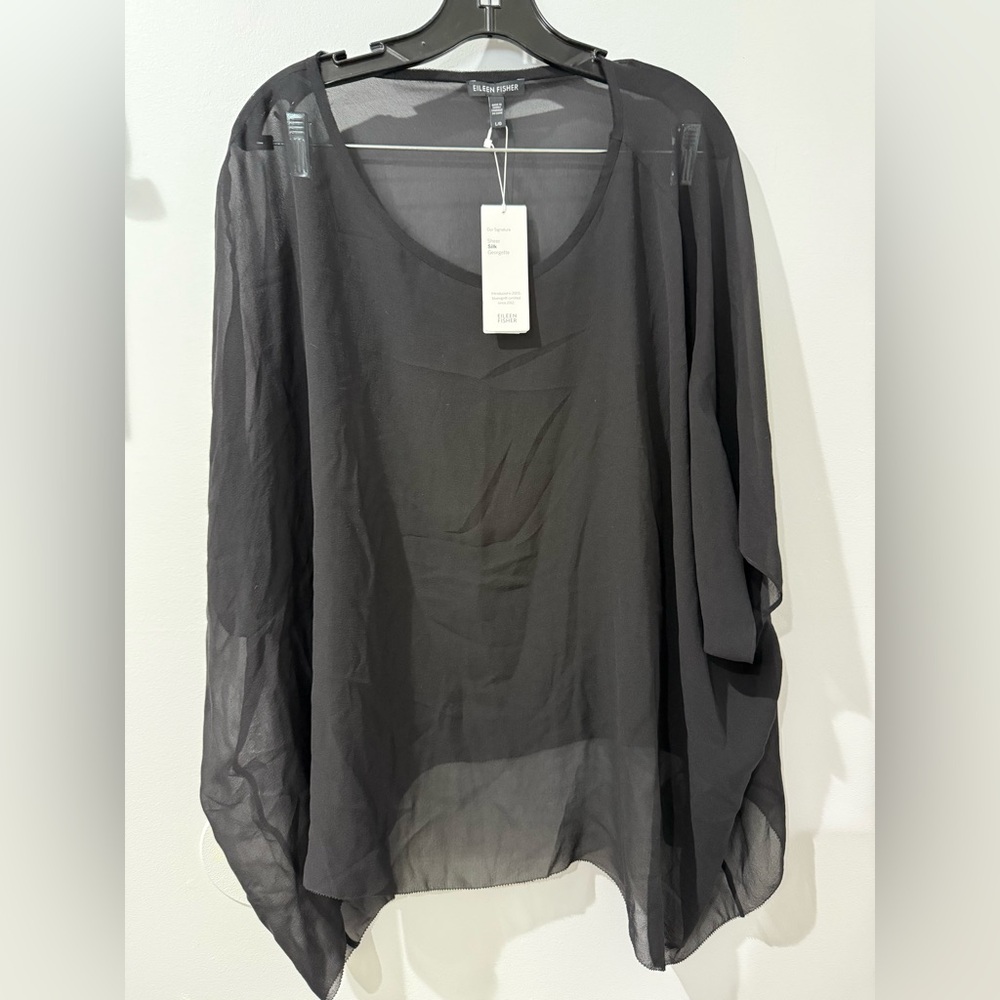 NWT EILEEN FISHER BLACK DRAPED‎ SHEER SILK GEORGETTE CROPPED PONCHO $178 L
